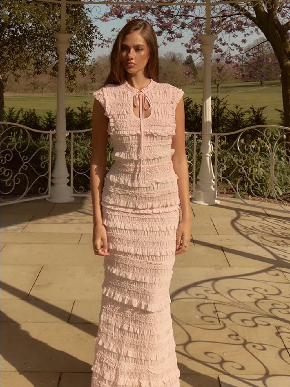 Sleeveless Pink Ruffle Maxi Dress with Tie Neck